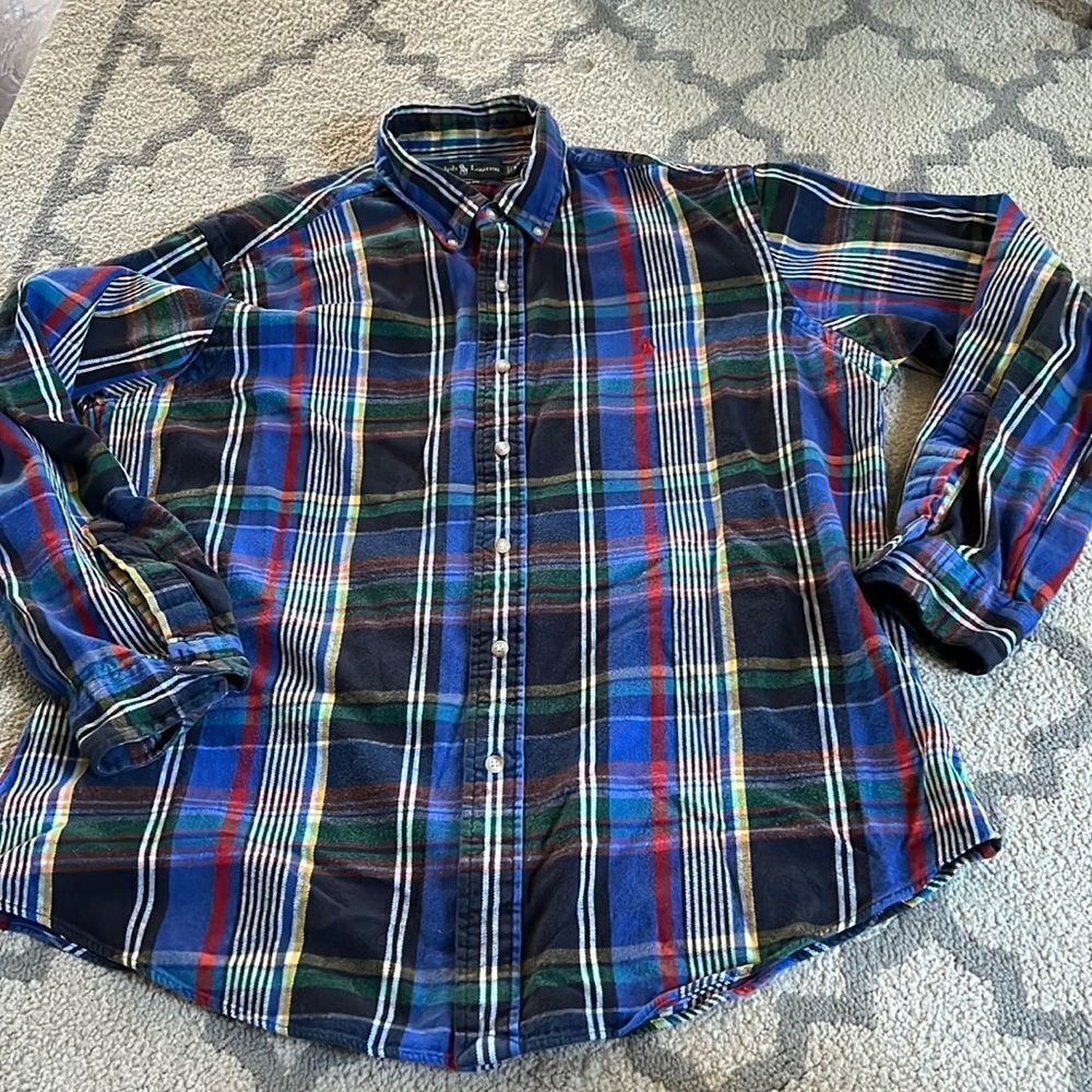RALPH LAUREN Men's XL Custom‎ Fit Plaid Flannel red Pony Blue Polo flannel Shirt
